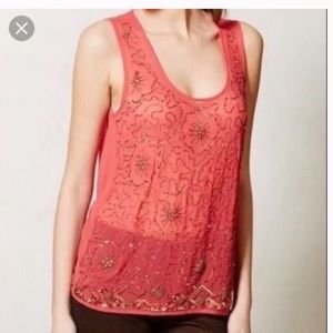 anthropologie coral beaded sleeveless blouse